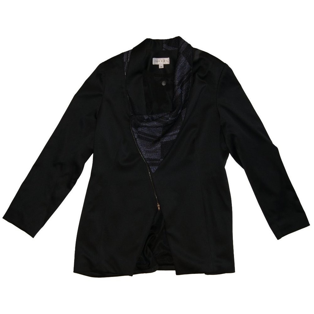 Fredas Black Navy Slouchy Cowl Covertible Collar Zip Up Asymmetrical Blazer